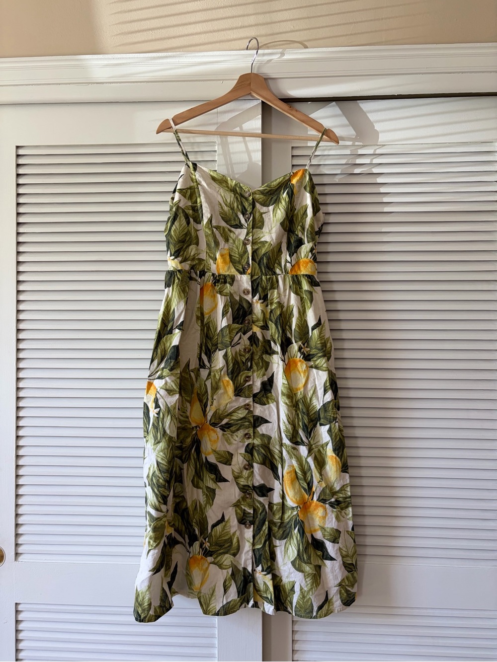 H&M White Midi Dress with Green Leaf & Yellow Lemon Print